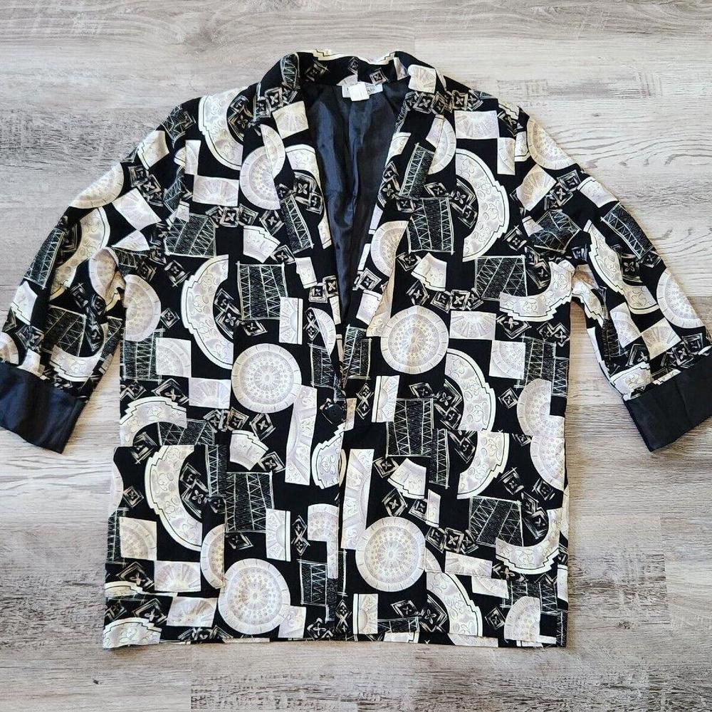 Kensington Square Blazer Jacket Black White 80s Shoulder Pads Deep V Neck Retro